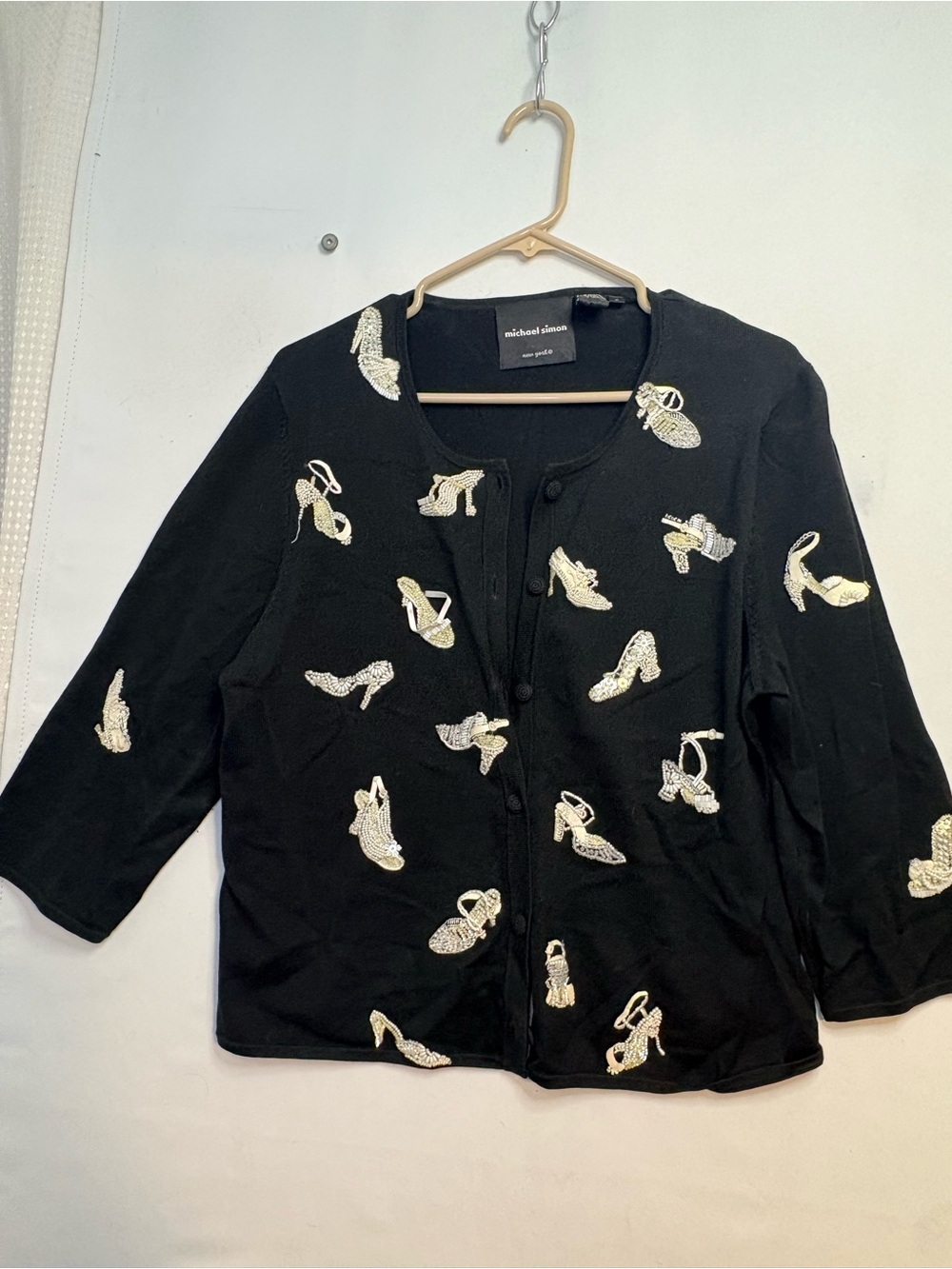 Vintage 2002 Michael Simon New York Beaded Shoe Cardigan Sweater Large Black